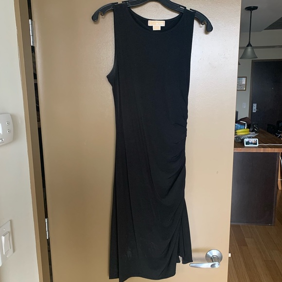 blue dress for baby girl Michael Kors Black Ruched With Gold Size Zipper Asymmetrical Hem Maxi  Dress(Size XL) main image 1